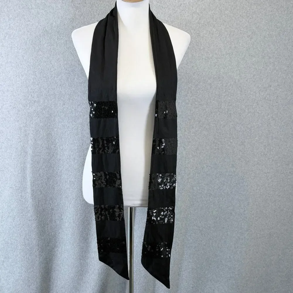 Black Sequin Skinny Scarf 100% Cotton Long Neck Tie Bow Evening Party OSFM